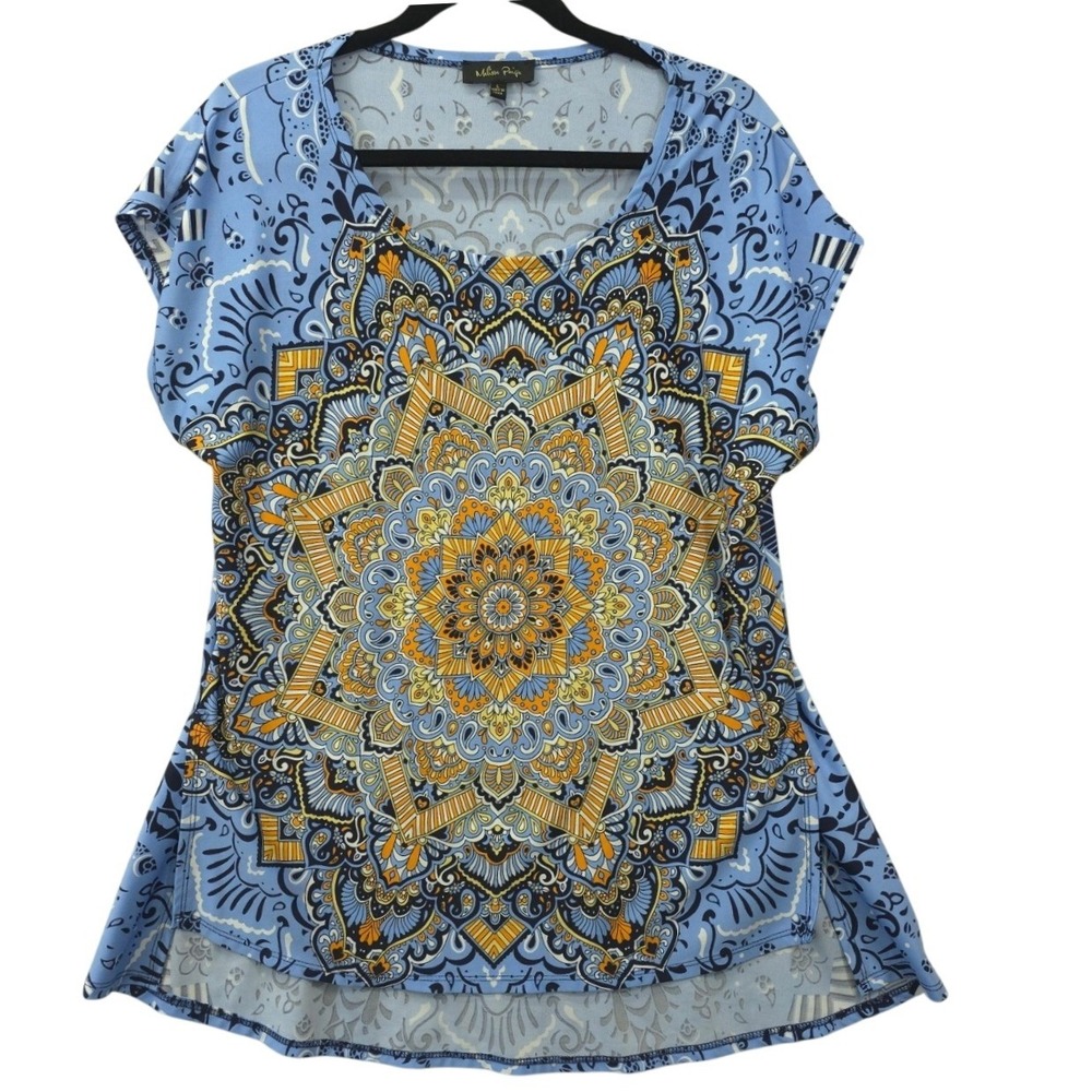 Melissa Paige Blue Orange Mandala Print High Low Top Womens L Boho Mandala Artsy